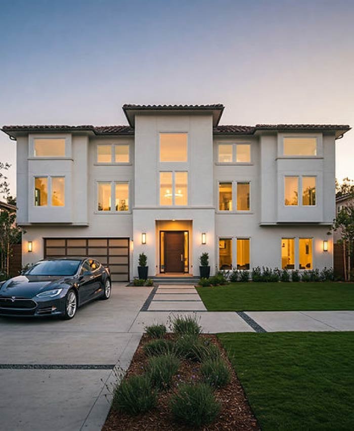 Exterior view of a luxurious, multi-million dollar custom home design featuring a three-level modern facade, pristine landscaping, and a car parked in the driveway at dusk.